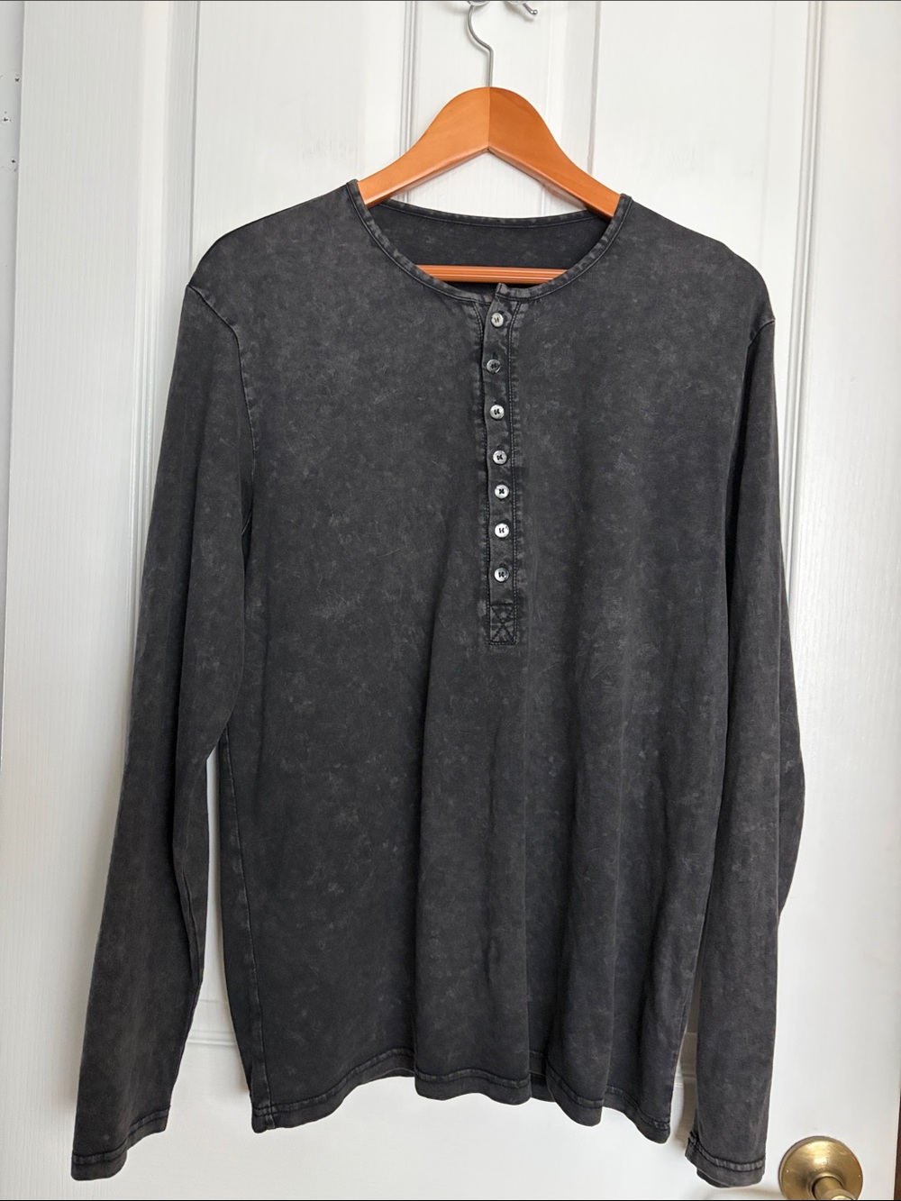 Vintage distressed Wash Charcoal black Henley Long-Sleeve Shirt